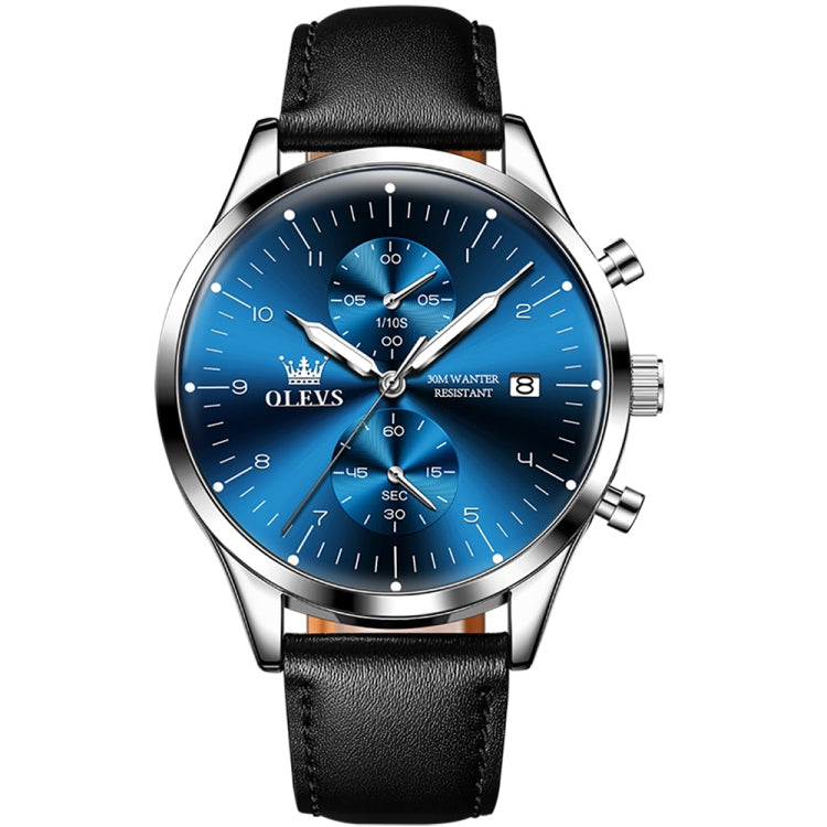 OLEVS 2880 Men Multifunctional Business Waterproof Leather Strap Quartz Watch(Blue) - Leather Strap Watches by OLEVS | Online Shopping UK | buy2fix