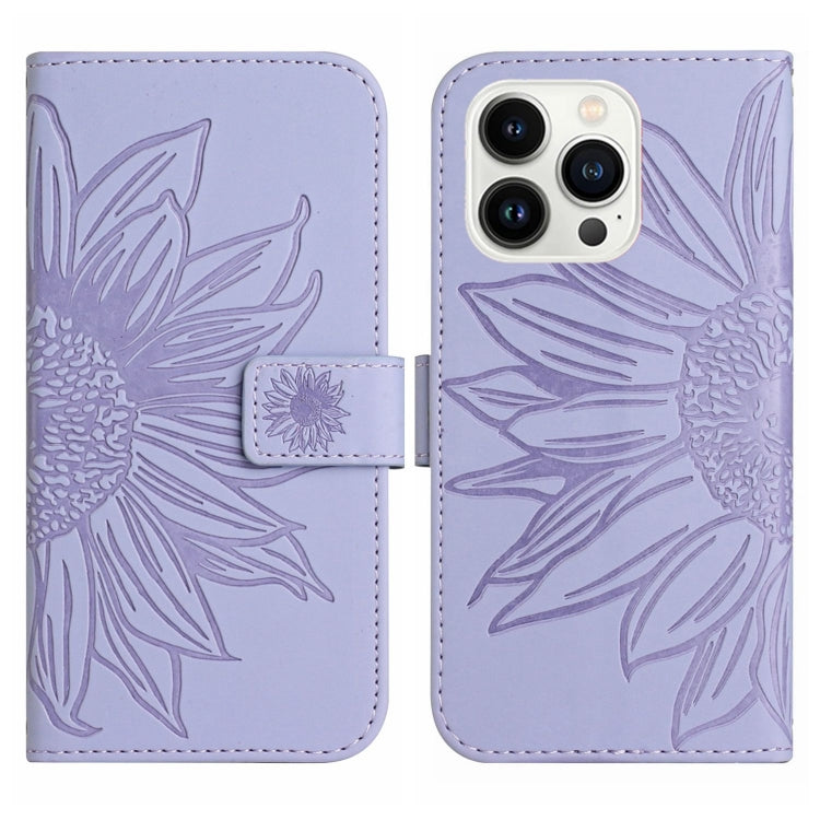 For iPhone 15 Pro Skin Feel Sun Flower Embossed Flip Leather Phone Case with Lanyard(Purple) - iPhone 15 Pro Cases by buy2fix | Online Shopping UK | buy2fix