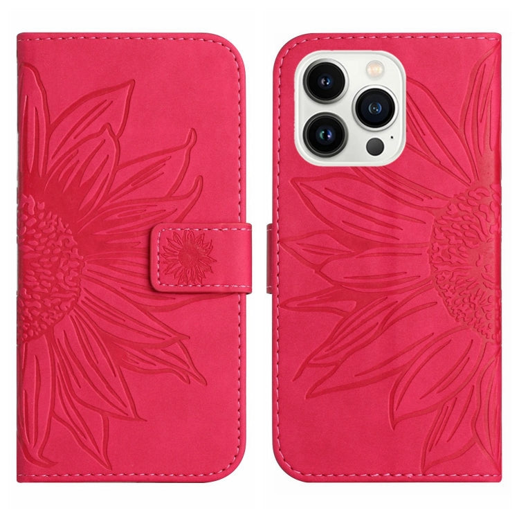 For iPhone 15 Pro Max Skin Feel Sun Flower Embossed Flip Leather Phone Case with Lanyard(Rose Red) - iPhone 15 Pro Max Cases by buy2fix | Online Shopping UK | buy2fix