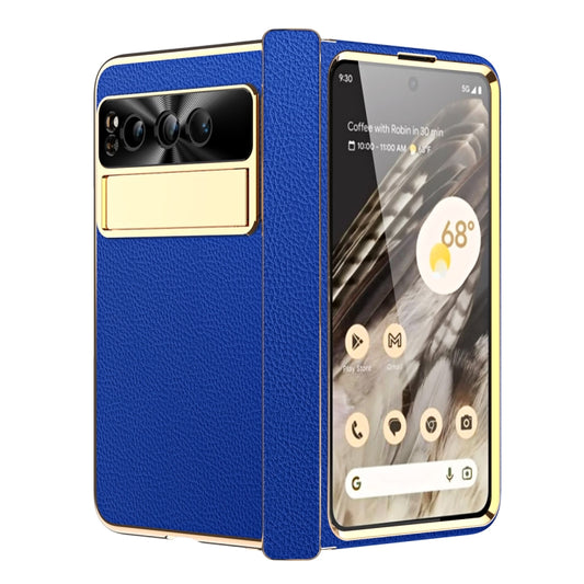 For Google Pixel Fold Litchi Pattern Electroplating Folding Phone Case with Hinge(Royal Blue) - Google Cases by buy2fix | Online Shopping UK | buy2fix