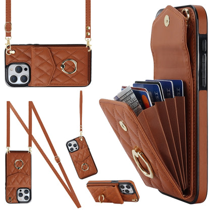 For iPhone 15 Pro Max Rhombic Texture Card Bag Phone Case with Long Lanyard(Brown) - iPhone 15 Pro Max Cases by buy2fix | Online Shopping UK | buy2fix