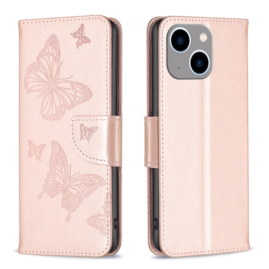 For iPhone 15 Plus Embossing Two Butterflies Pattern Leather Phone Case(Rose Gold) - iPhone 15 Plus Cases by buy2fix | Online Shopping UK | buy2fix