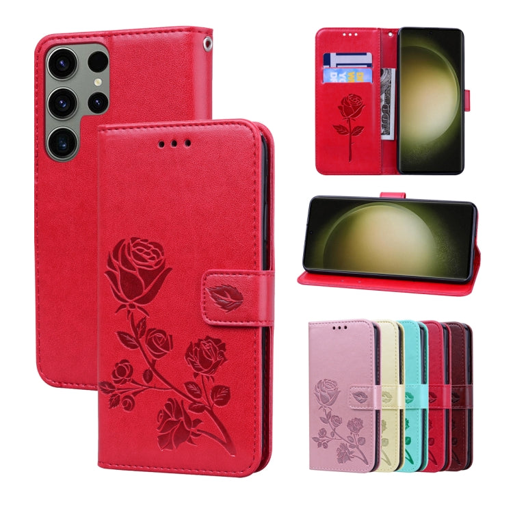 For Samsung Galaxy S23 Ultra 5G Rose Embossed Flip PU Leather Phone Case(Red) - Galaxy S23 Ultra 5G Cases by buy2fix | Online Shopping UK | buy2fix