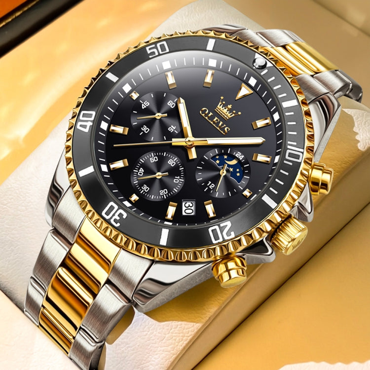 OLEVS 2870 Men Multifunctional Chronograph Three Eyes Waterproof Quartz Watch(Black + Gold) - Metal Strap Watches by OLEVS | Online Shopping UK | buy2fix