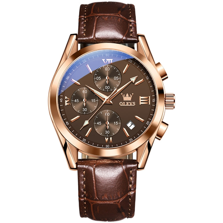 OLEVS 2872 Men Three Eyes Six Needles Chronograph Waterproof Quartz Watch(Coffee + Rose Gold) - Leather Strap Watches by OLEVS | Online Shopping UK | buy2fix