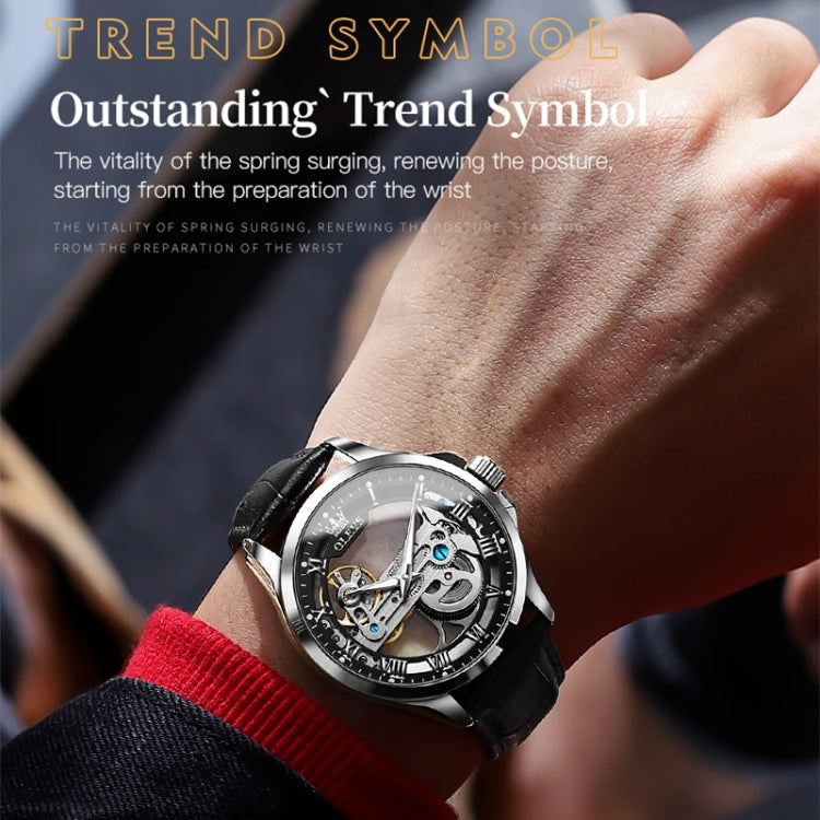 OLEVS 6661 Men Fashion Luminous Waterproof Mechanical Watch(Black + Silver) - Leather Strap Watches by OLEVS | Online Shopping UK | buy2fix
