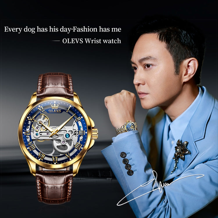 OLEVS 6661 Men Fashion Luminous Waterproof Mechanical Watch(Blue + Gold) - Leather Strap Watches by OLEVS | Online Shopping UK | buy2fix
