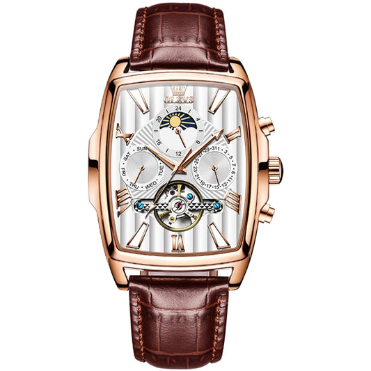 OLEVS 6675 Men Multifunctional Moon Phase Tourbillon Mechanical Watch(White + Rose Gold) - Leather Strap Watches by OLEVS | Online Shopping UK | buy2fix