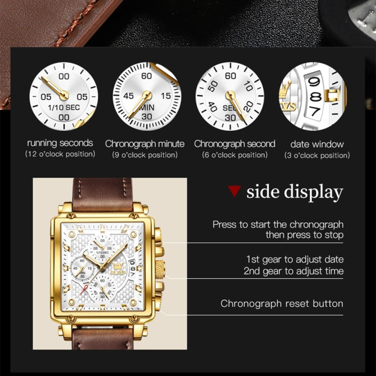 OLEVS 9925 Men Square Dial Multifunctional Waterproof Quartz Watch(White + Gold) - Leather Strap Watches by OLEVS | Online Shopping UK | buy2fix