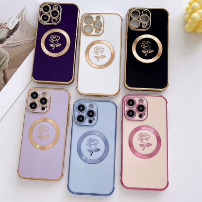 For iPhone 15 Electroplate Side Roses Flower MagSafe Phone Case(Purple) - iPhone 15 Cases by buy2fix | Online Shopping UK | buy2fix