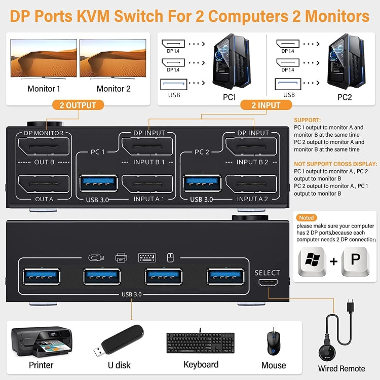 KC-KVM202DP 4K 60Hz USB3.0 DP Dual Monitors KVM Switch - Switch by buy2fix | Online Shopping UK | buy2fix