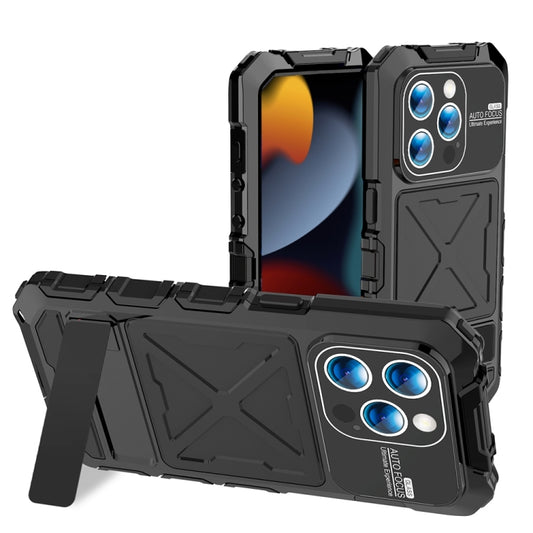 For iPhone 15 Pro Max R-JUST Metal + Silicone + Tempered Glass Life Waterproof Phone Case with Holder(Black) - iPhone 15 Pro Max Cases by R-JUST | Online Shopping UK | buy2fix