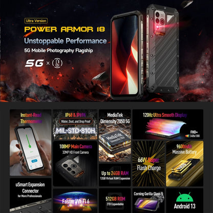 Ulefone Power Armor 18 Ultra Version 5G Thermometer Rugged Phone, 12GB+512GB, Side Fingerprint, 6.58 inch Android 13 MediaTek Dimensity 7050 Octa Core up to 2.6GHz, Network: 5G, NFC, OTG(Black) - Ulefone by Ulefone | Online Shopping UK | buy2fix