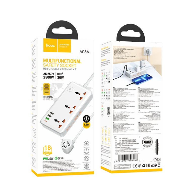 hoco AC8A Storm 3-position Socket with PD30W+3USB Ports, Cable Length: 1.5m, EU Plug(White) - Extension Socket by hoco | Online Shopping UK | buy2fix