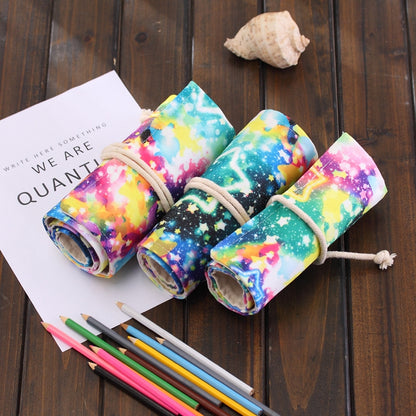 48 Slots Starry Sky Print Pen Bag Canvas Pencil Wrap Curtain Roll Up Pencil Case Stationery Pouch - Home & Garden by buy2fix | Online Shopping UK | buy2fix