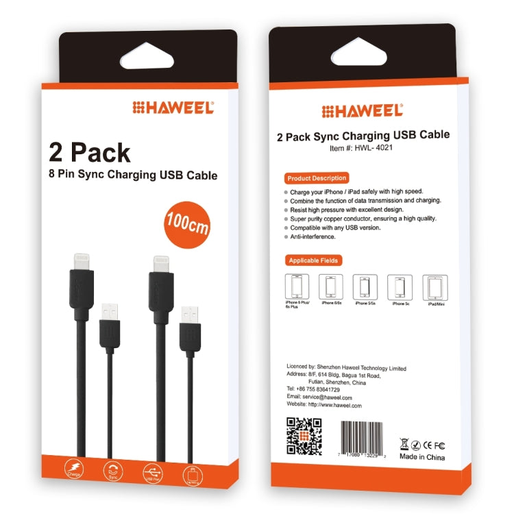 2 PCS HAWEEL 1m High Speed 8 pin to USB Sync and Charging Cable Kit for iPhone, iPad(Black) - Normal Style Cable by buy2fix | Online Shopping UK | buy2fix