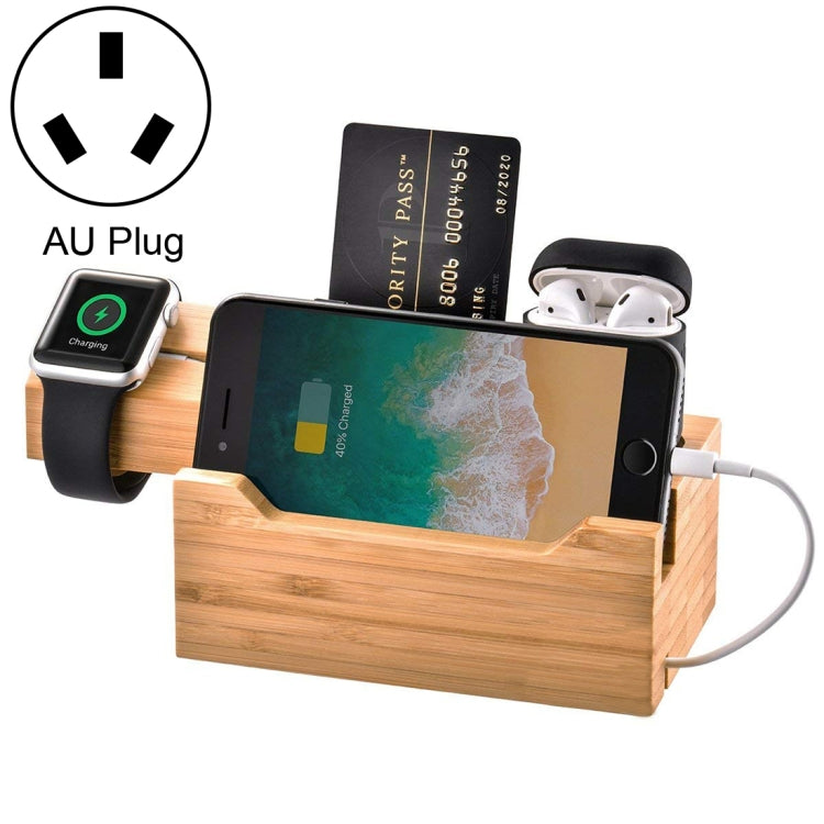 Multi-function Bamboo Charging Station Charger Stand Management Base with 3 USB Ports, For Apple Watch, AirPods, iPhone, AU Plug - Others by buy2fix | Online Shopping UK | buy2fix