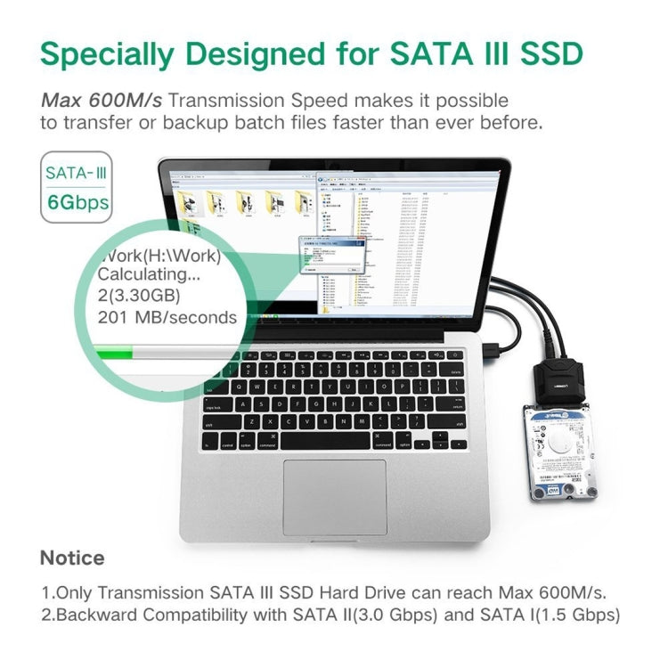 UGREEN USB 3.0 to SATA Adapter Cable Converter for 2.5 / 3.5 inch Hard Drive Disk HDD and SSD, Support UASP SATA 3.0(Black) - USB to IDE / SATA by UGREEN | Online Shopping UK | buy2fix