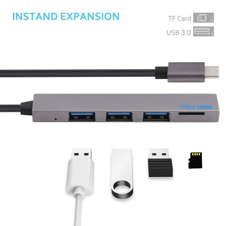 T-809B TF Card Reader + 3 x USB 3.0 Ports to USB-C / Type-C HUB Converter, Cable Length: 13cm (Grey) - Computer & Networking by buy2fix | Online Shopping UK | buy2fix