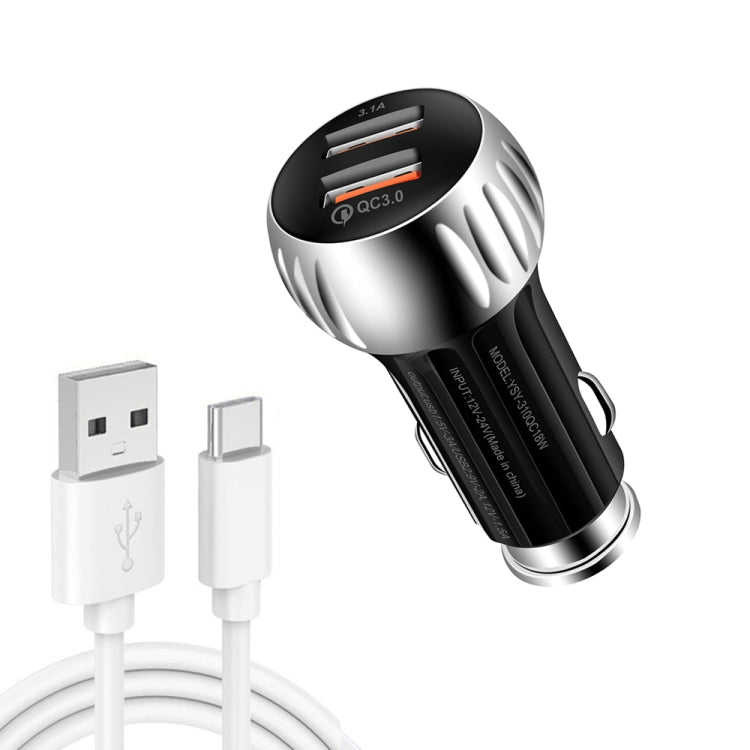 YSY-310QC18W QC3.0 Dual Port USB Car Charger + 3A USB to USB-C / Type-C Data Cable, Cable Length: 1m(Black) - Car Charger by buy2fix | Online Shopping UK | buy2fix