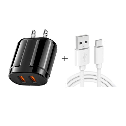 Dual USB Portable Travel Charger + 1 Meter USB to Type-C Data Cable, US Plug(Black) - Mobile Accessories by buy2fix | Online Shopping UK | buy2fix