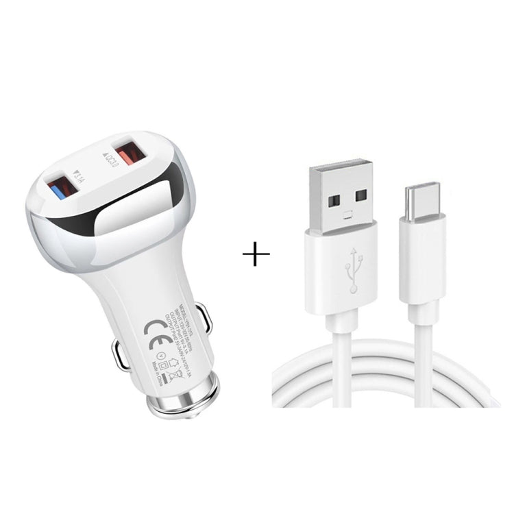 YSY-312 2 in 1 18W Portable QC3.0 Dual USB Car Charger + 1m 3A USB to USB-C / Type-C Data Cable Set(White) - Car Charger by buy2fix | Online Shopping UK | buy2fix