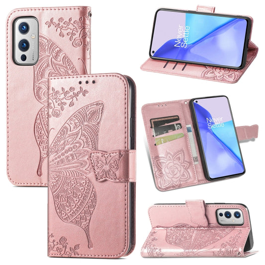 For OnePlus 9 Butterfly Love Flowers Embossed Horizontal Flip Leather Case with Holder & Card Slots & Wallet & Lanyard(Rose Gold) - OnePlus Cases by buy2fix | Online Shopping UK | buy2fix