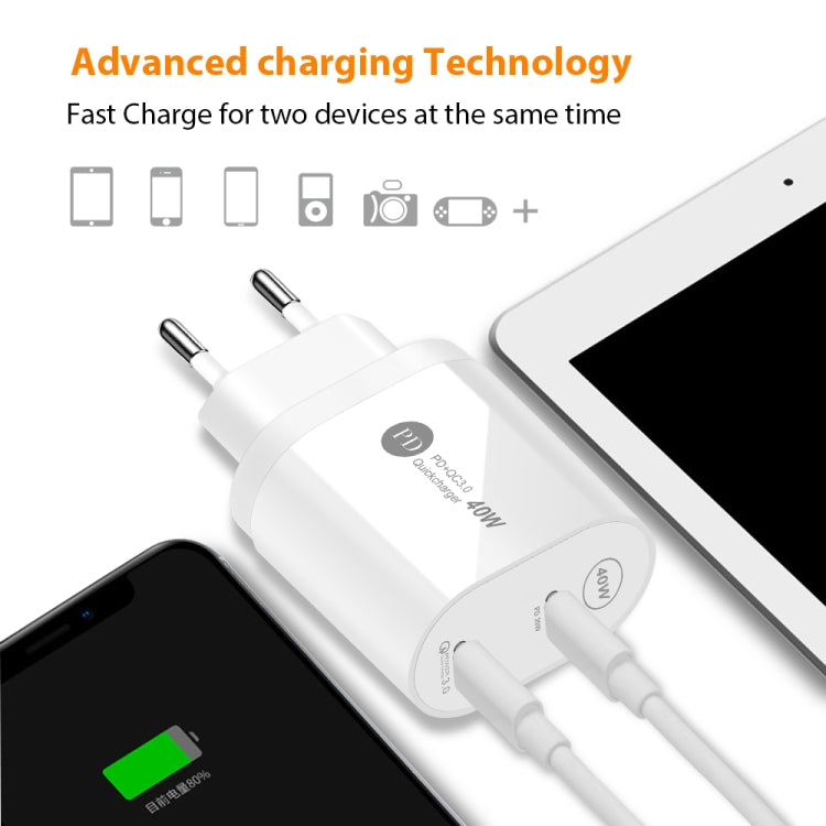 002 40W Dual Port PD / Type-C Fast Charger with USB-C to 8 Pin Data Cable, US Plug(White) - Apple Accessories by buy2fix | Online Shopping UK | buy2fix