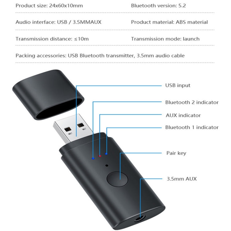 TX35 Bluetooth 5.2 Transmitter One Drag Two USB / AUX Dual Output - Apple Accessories by buy2fix | Online Shopping UK | buy2fix