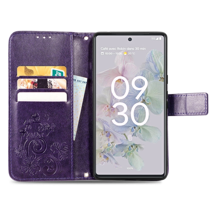 For Google Pixel 6a Four-leaf Clasp Embossed Buckle Leather Phone Case(Purple) - Google Cases by buy2fix | Online Shopping UK | buy2fix