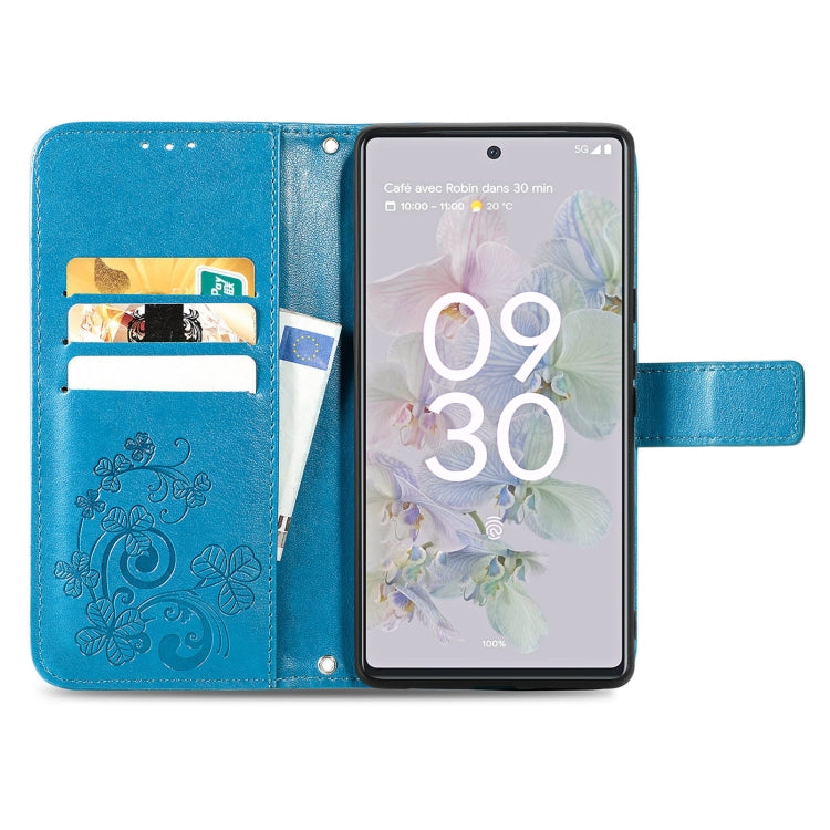 For Google Pixel 6a Four-leaf Clasp Embossed Buckle Leather Phone Case(Blue) - Google Cases by buy2fix | Online Shopping UK | buy2fix