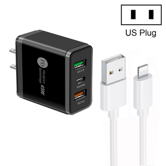 45W PD25W + 2 x QC3.0 USB Multi Port Charger with USB to 8 Pin Cable, US Plug(Black) - USB Charger by buy2fix | Online Shopping UK | buy2fix