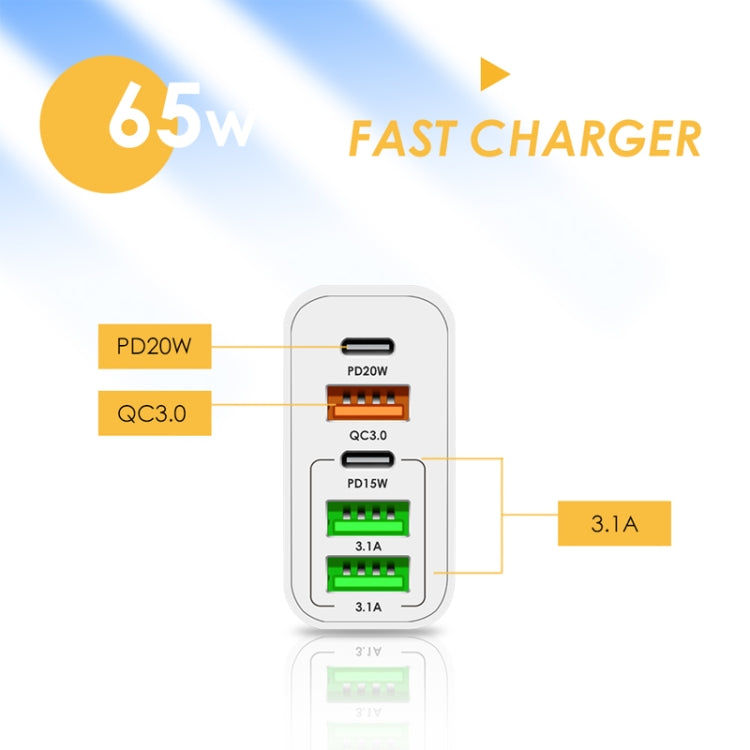 65W Dual PD Type-C + 3 x USB Multi Port Charger with 3A USB to 8 Pin Data Cable, US Plug(White) - Apple Accessories by buy2fix | Online Shopping UK | buy2fix