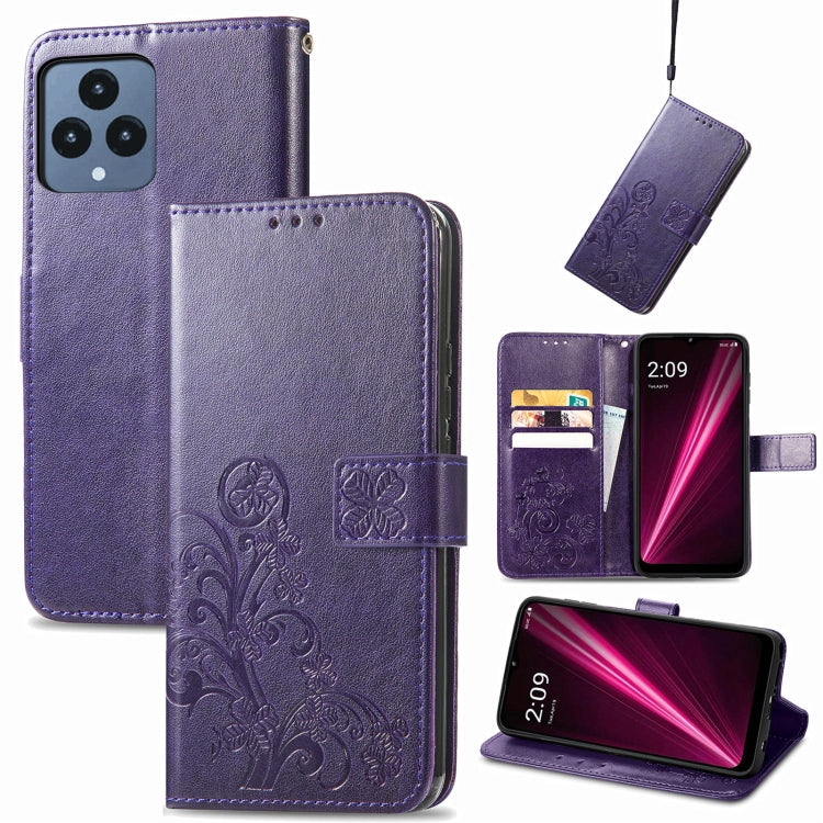 For T-Mobile REVVL 6 5G Four-leaf Clasp Embossed Buckle Leather Phone Case(Purple) - More Brand by buy2fix | Online Shopping UK | buy2fix