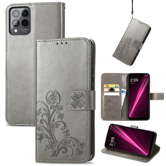 For T-Mobile Revvl 6 Pro 5G Four-leaf Clasp Embossed Buckle Leather Phone Case(Gray) - More Brand by buy2fix | Online Shopping UK | buy2fix