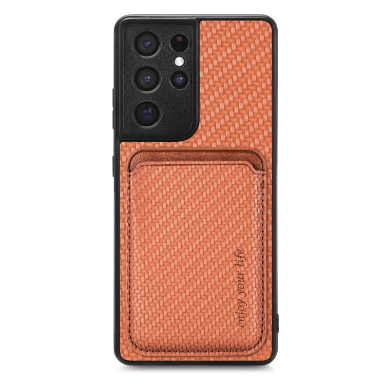 For Samsung Galaxy S21 Ultra 5G Carbon Fiber Leather Card Magsafe Magnetic Phone Case(Brown) - Galaxy S21 Ultra 5G Cases by buy2fix | Online Shopping UK | buy2fix