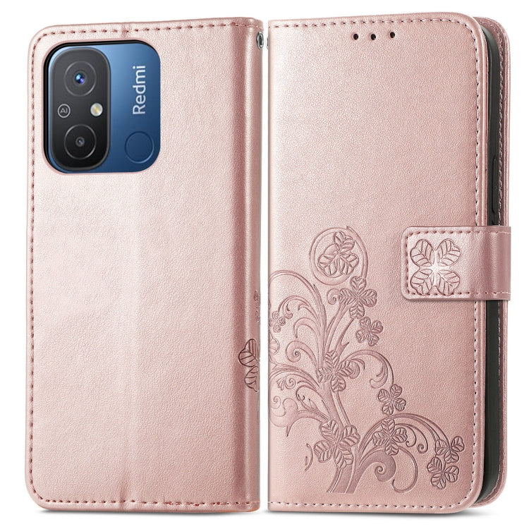 For Xiaomi Redmi 12C Four-leaf Clasp Embossed Buckle Leather Phone Case(Rose Gold) - Xiaomi Cases by buy2fix | Online Shopping UK | buy2fix