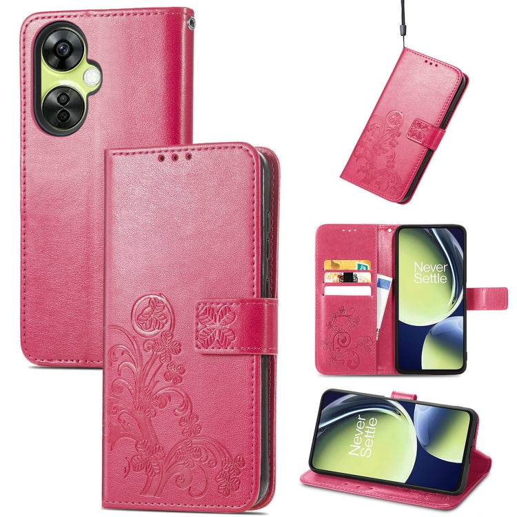 For OnePlus Nord CE 3 Lite Four-leaf Clasp Embossed Buckle Leather Phone Case(Magenta) - OnePlus Cases by buy2fix | Online Shopping UK | buy2fix