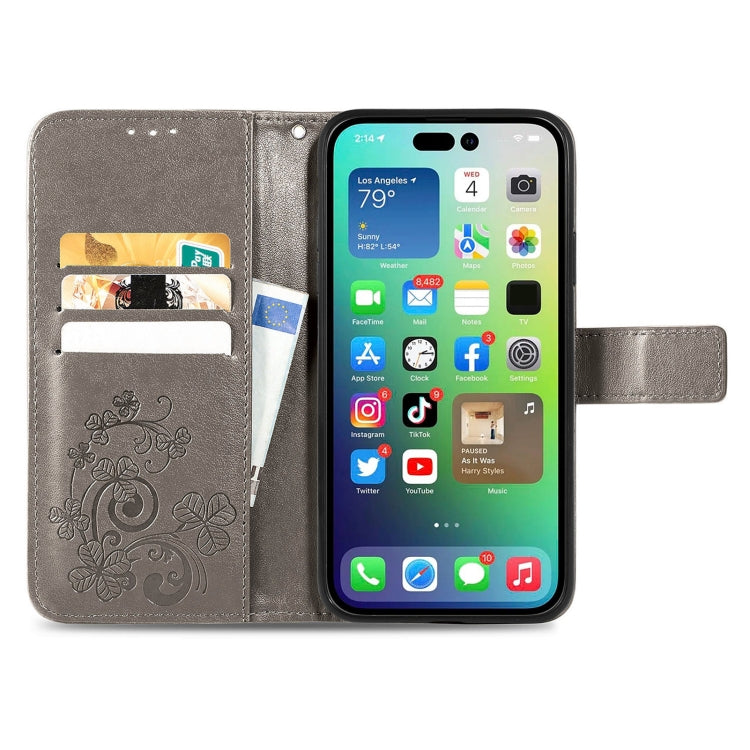 For iPhone 15 Pro Four-leaf Clasp Embossed Buckle Leather Phone Case(Gray) - iPhone 15 Pro Cases by buy2fix | Online Shopping UK | buy2fix