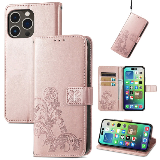 For iPhone 15 Pro Max Four-leaf Clasp Embossed Buckle Leather Phone Case(Rose Gold) - iPhone 15 Pro Max Cases by buy2fix | Online Shopping UK | buy2fix