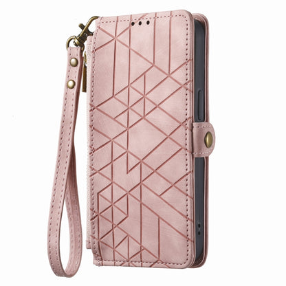 For iPhone 14 Geometric Zipper Wallet Side Buckle Leather Phone Case(Pink) - iPhone 14 Cases by buy2fix | Online Shopping UK | buy2fix