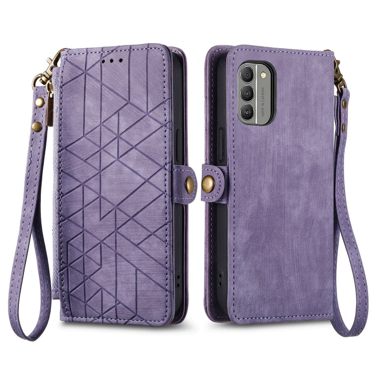 For Nokia C32 Geometric Zipper Wallet Side Buckle Leather Phone Case(Purple) - Nokia Cases by buy2fix | Online Shopping UK | buy2fix