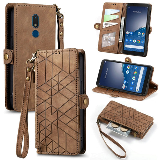 For Nokia C3 Geometric Zipper Wallet Side Buckle Leather Phone Case(Brown) - Nokia Cases by buy2fix | Online Shopping UK | buy2fix