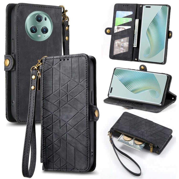 For Honor Magic5 Geometric Zipper Wallet Side Buckle Leather Phone Case(Black) - Honor Cases by buy2fix | Online Shopping UK | buy2fix