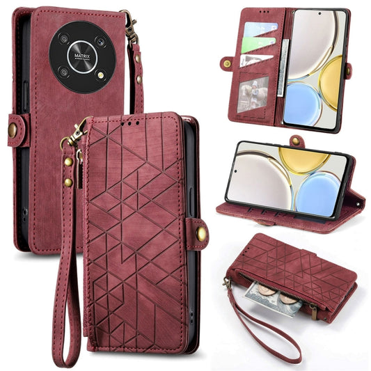 For Honor Magic4 Lite Geometric Zipper Wallet Side Buckle Leather Phone Case(Red) - Honor Cases by buy2fix | Online Shopping UK | buy2fix