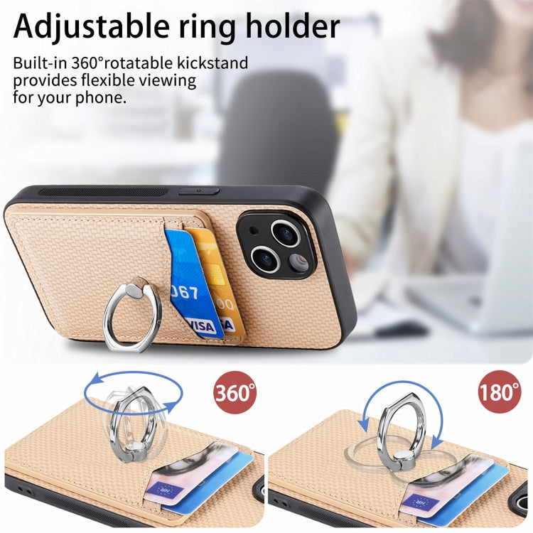 For iPhone 15 Pro Max Carbon Fiber Card Wallet Ring Holder Phone Case(Khaki) - iPhone 15 Pro Max Cases by buy2fix | Online Shopping UK | buy2fix