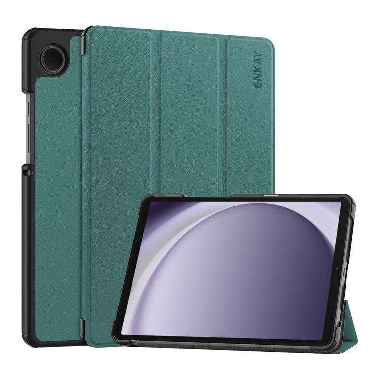 For Samsung Galaxy Tab A9 8.7 ENKAY Tri-fold Custer Texture Leather Smart Tablet Case(Dark Green) - Galaxy Tab A9 by ENKAY | Online Shopping UK | buy2fix