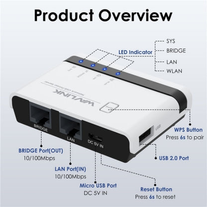 WAVLINK NU516U1 USB2.0 Wireless Printer Server With 10 / 100Mbps LAN / Bridge WiFi(UK Plug) - Printer Accessories by WAVLINK | Online Shopping UK | buy2fix