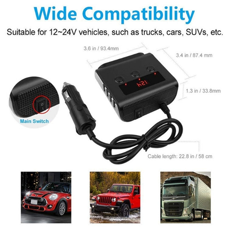TR12 3 in 1 100W 4USB Car Cigarette Lighter with Switch Voltage Display(Black Red) - In Car by buy2fix | Online Shopping UK | buy2fix