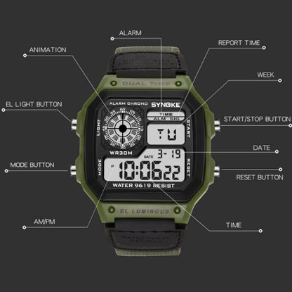 SYNOKE 9619B Nylon Canvas Strap Luminous Waterproof Digital Watch(Green Head Green Belt) - Outdoor & Sports by SYNOKE | Online Shopping UK | buy2fix